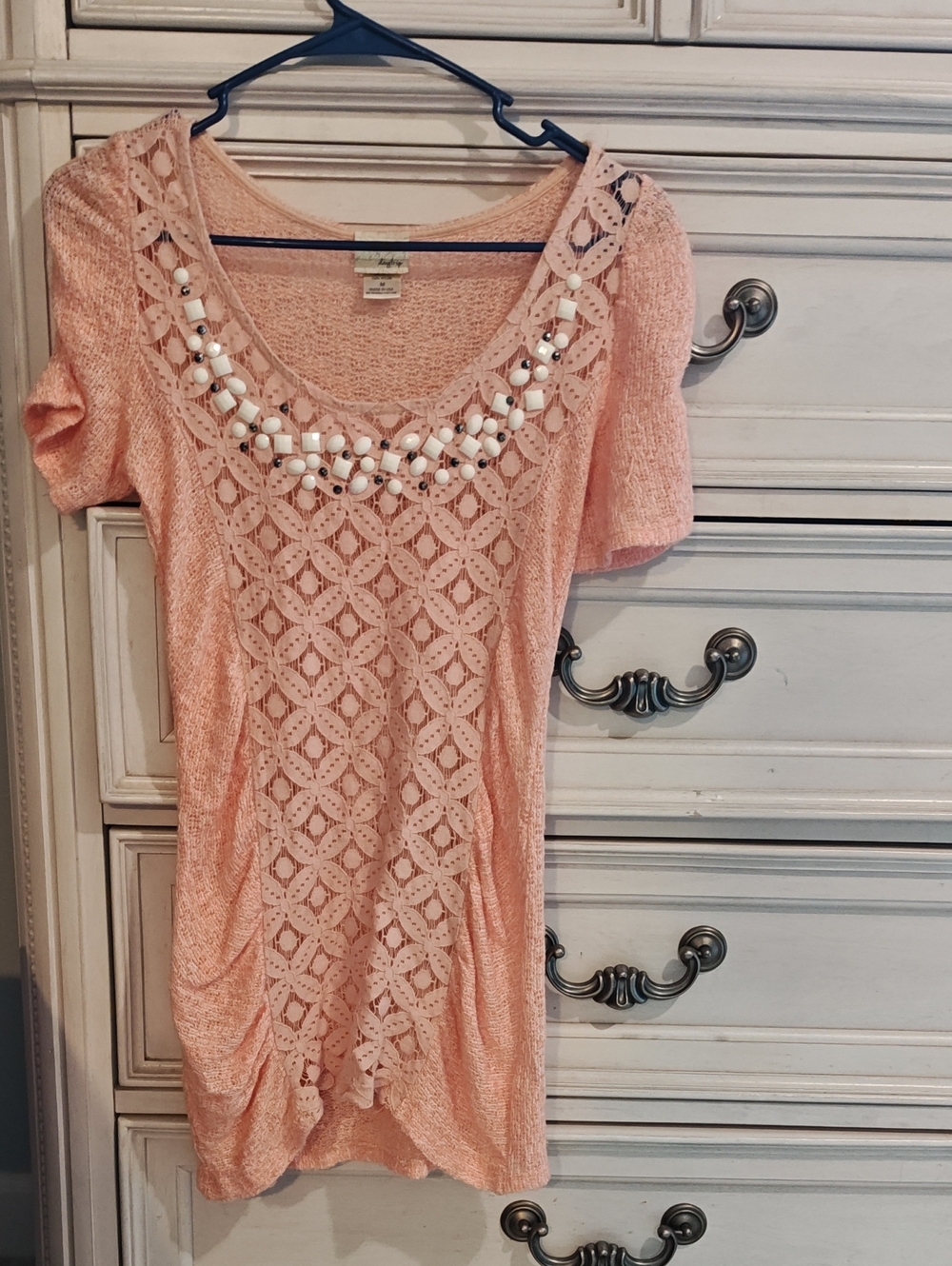 Buckle Peach Crochet Front Knit Top with Beaded Scoop Neck